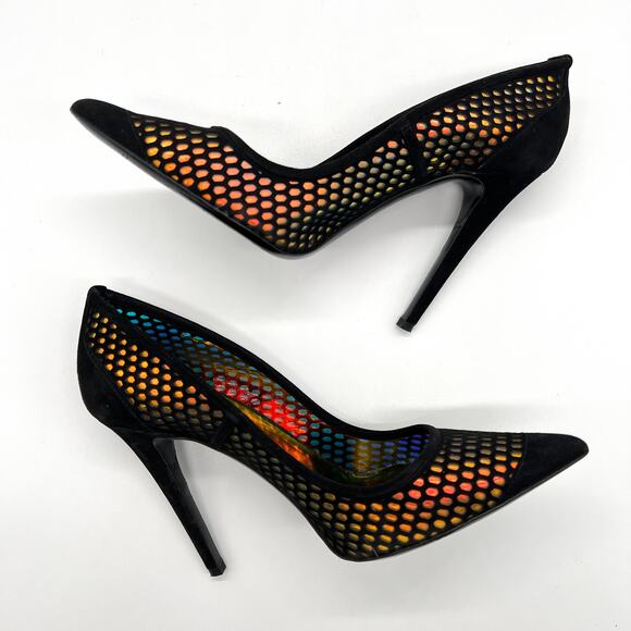 TAMARA MELLON Miami Vice Holographic Suede Pumps Womens 38 Black Pointy Toe - Picture 6 of 11